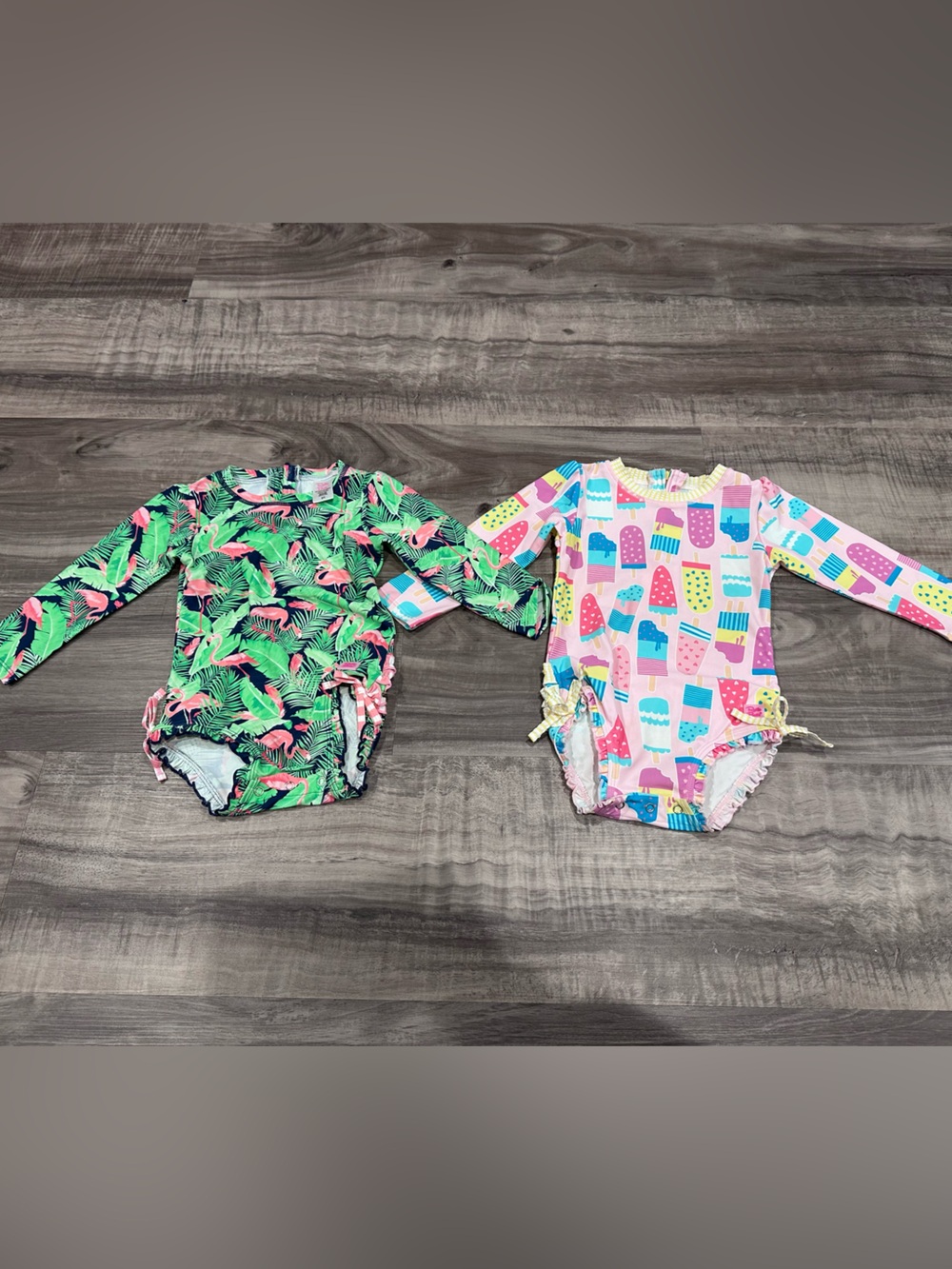 Ruffle Butts Green Flamingo One-Piece & Pink Popsicle One-Piece Set